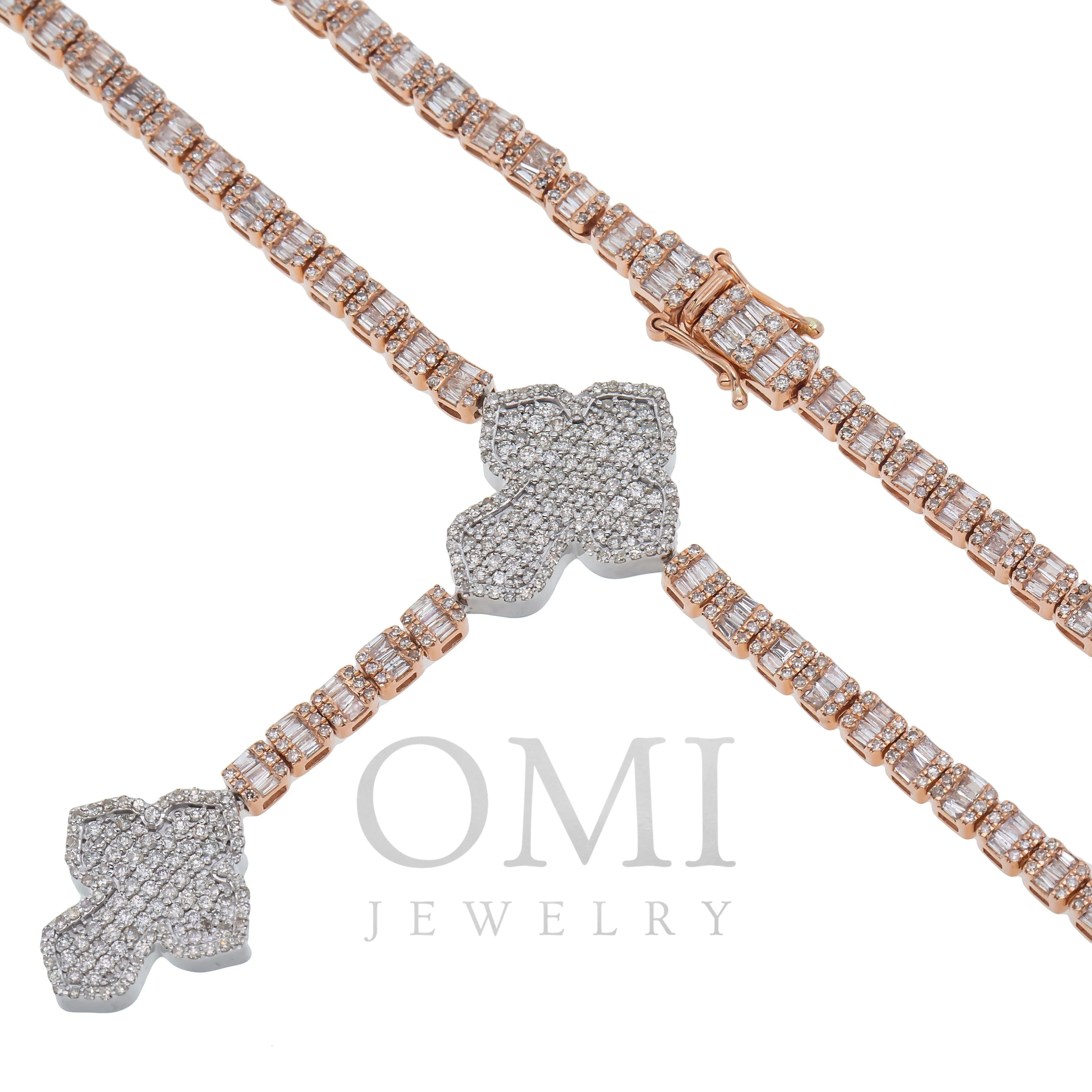 10K GOLD 3.88MM TWO-TONE BAGUETTE DIAMOND LARIAT CROSS CHAIN 8.82 CT