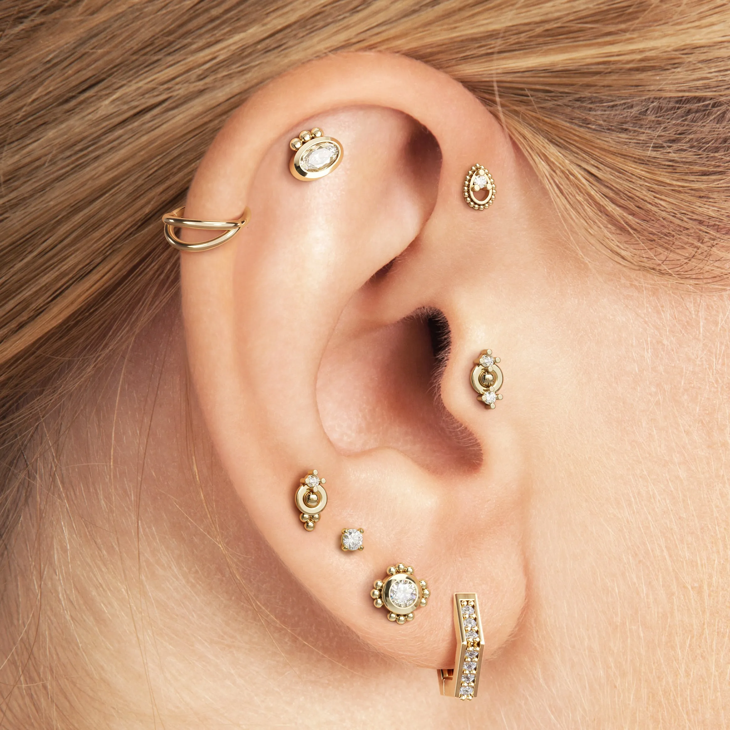 14K Gold Diamond Beaded Stud