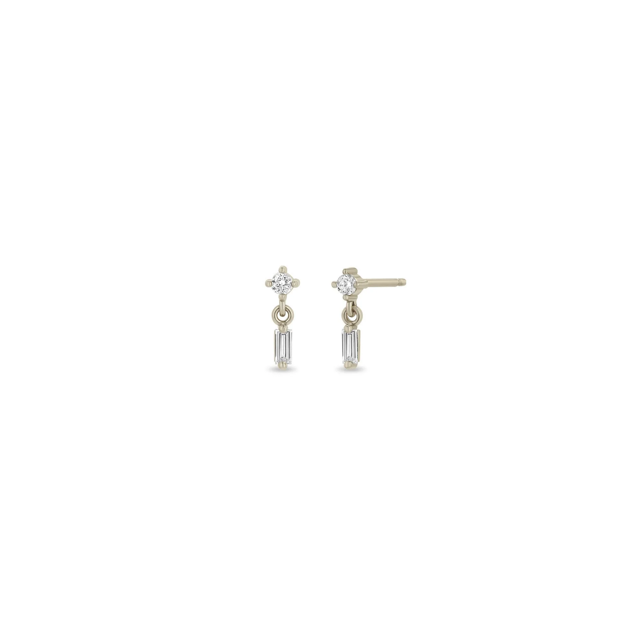 14k Linked Round & Baguette Diamond Drop Earrings