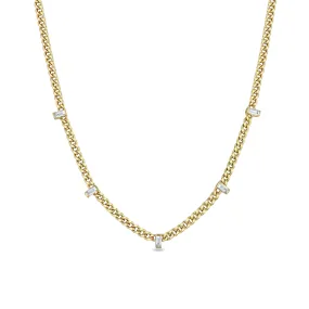 14k Small Curb Chain Necklace with 5 Vertical Baguette Diamond Stations