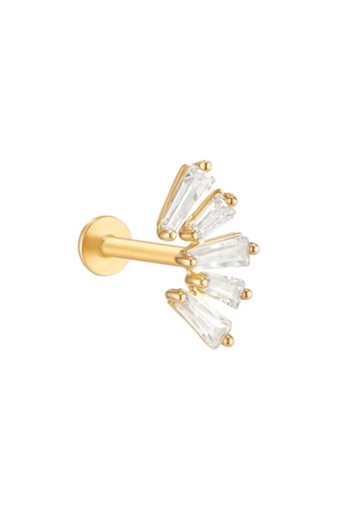 14K Solid Gold Baguette Cz Tragus Helix Cartilage Internally Threaded Flat Back Earring Labret