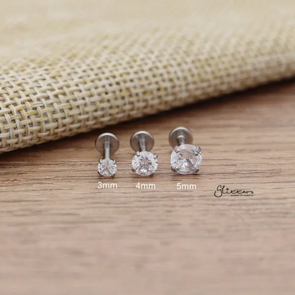 316L Surgical Steel Internally Threaded with Prong Set C.Z Top Cartilage/Tragus Flat Back Studs