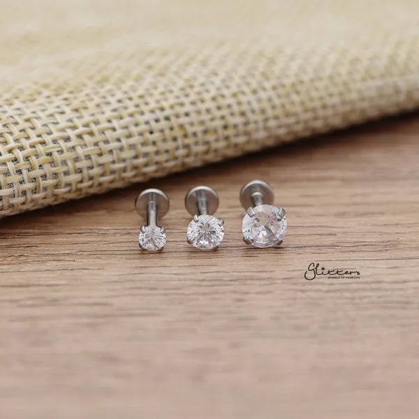 316L Surgical Steel Internally Threaded with Prong Set C.Z Top Cartilage/Tragus Flat Back Studs