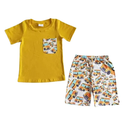 Big Yellow School Bus Shorts Outfit Set- Boys