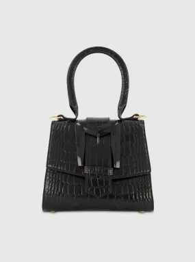 Buckled Mini Croco Black Leather Handbag with Detachable Strap