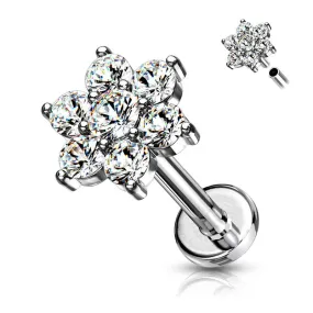 CZ Paved Flower Top Flat Back Stud - Silver