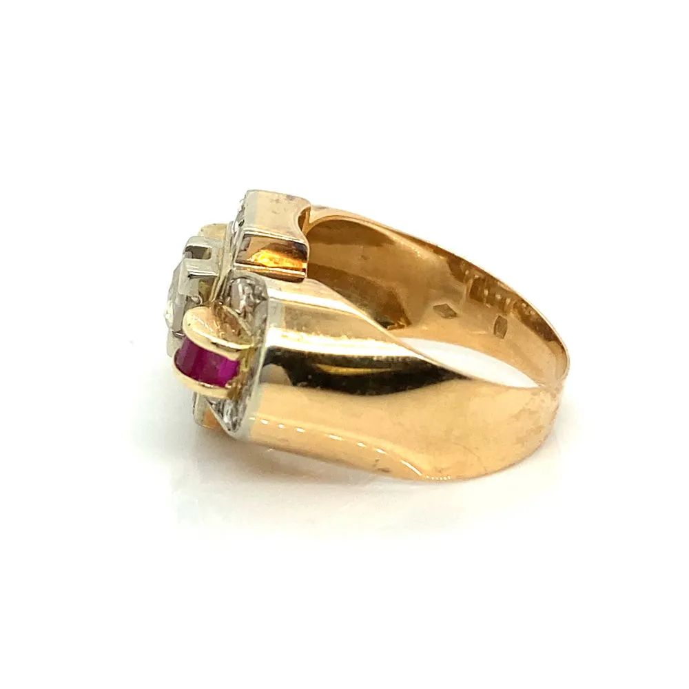 Estate Jewelry 18k Yellow Gold Retro Diamond Ruby Ring