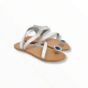 EVIL-EYE WHITE FLAT LEATHER SANDALS