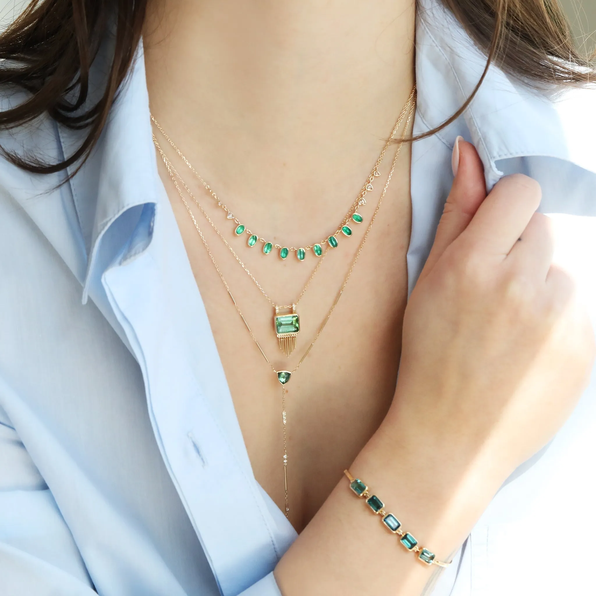 Green Tourmaline Baguette Fringe Necklace