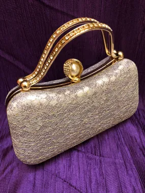 Grey Color Clutch Bag with Stone Handle