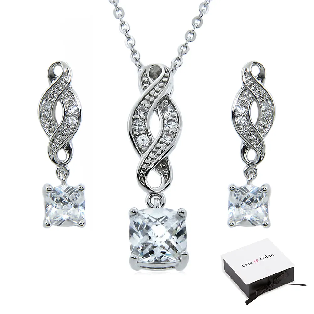 Iris Noble 18k White Gold CZ Infinity Necklace and Earrings Jewelry Set