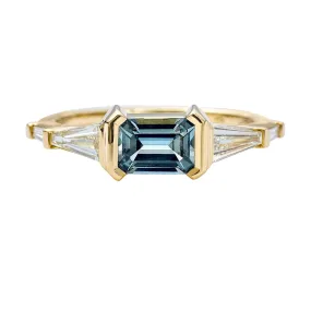 Mod Teal Sapphire and Tapered Baguette diamond Engagement Ring - OOAK