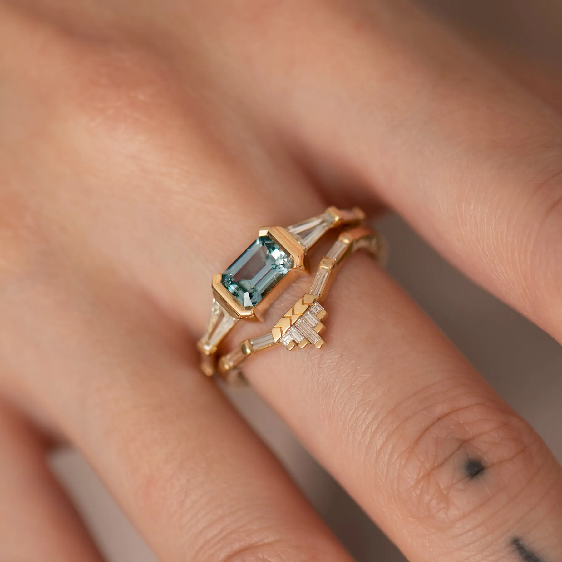 Mod Teal Sapphire and Tapered Baguette diamond Engagement Ring - OOAK