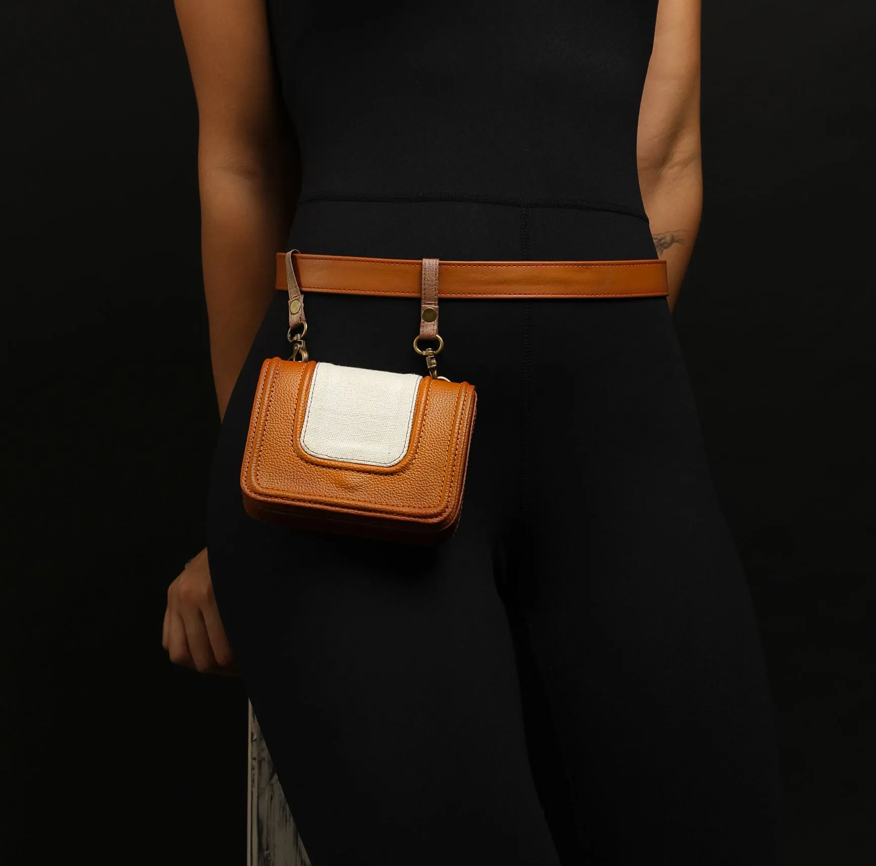 Tan and white Handcrafted waist belt bag for women