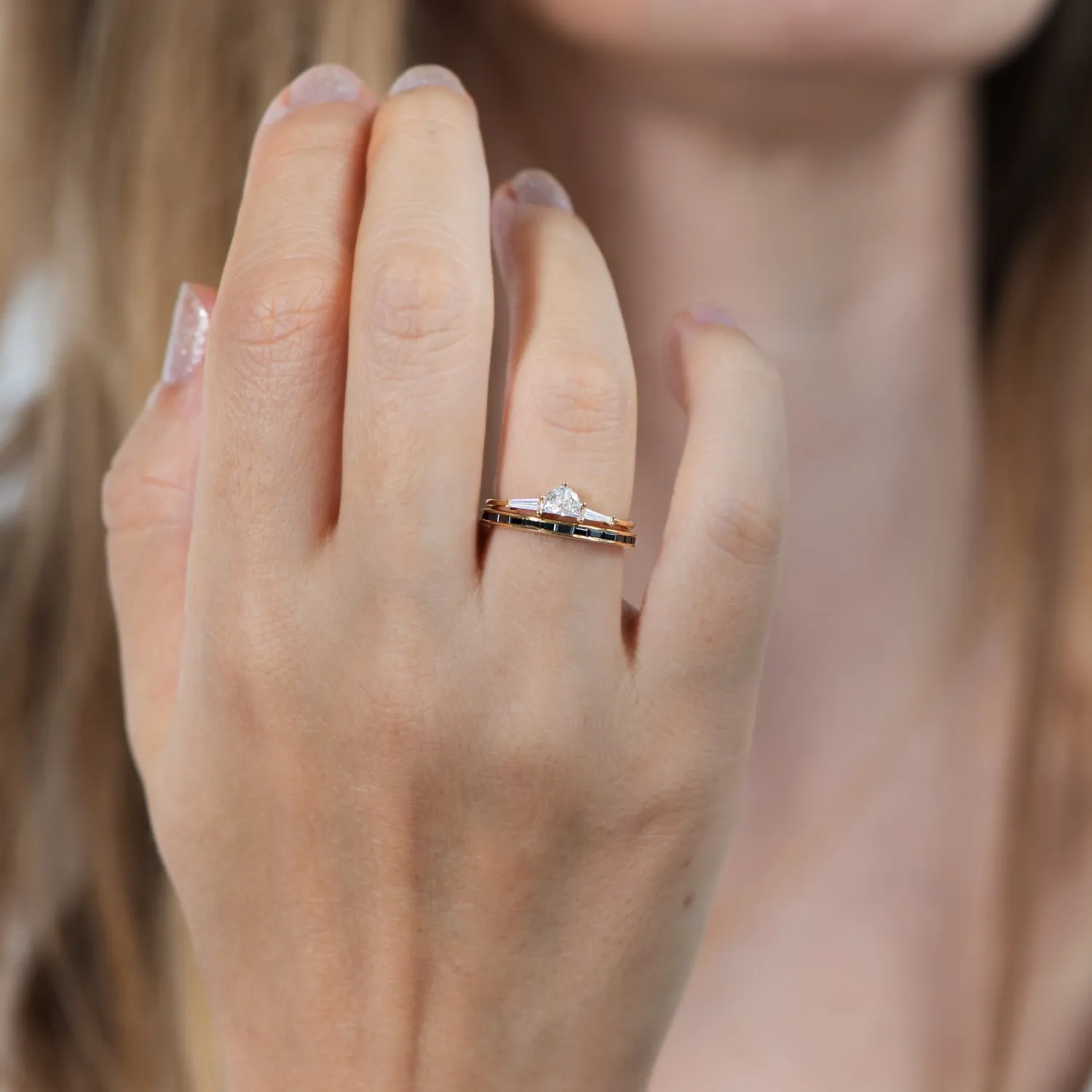 Three Stone Engagement Ring with Half Moon and Baguette Cut Diamonds