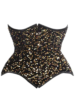 Top Drawer Black/Gold Sequin Steel Boned Underbust Cincher Corset