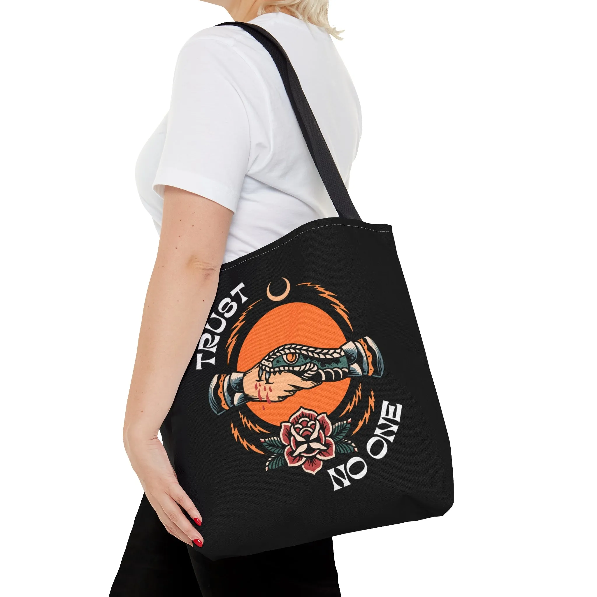 Trust No One Snake Bite Tattoo Tote Bag in Black / Vintage American Old School Traditional Tattoo Flash  / Punk Rock Beach Shopping