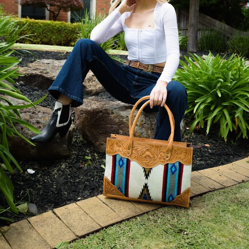 White Saddle Blanket Large Bag with Tooled Leather