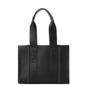 Woody Medium Leather Tote, Black